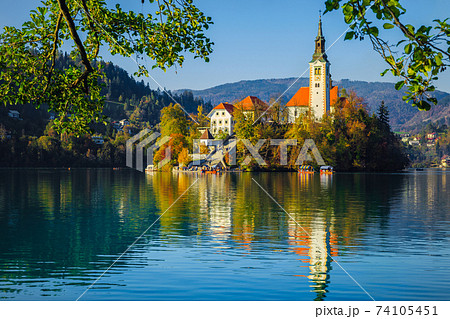 Beautiful excursion place with Pilgrimage church and lake Bled, Slovenia Beautiful excursion place with Pilgrimage church and lake Bled, Slovenia 74105451
