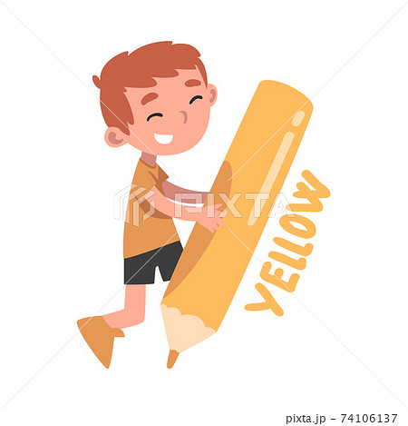 Tiny Boy Holding Huge Yellow Pencil, Cute Kid Drawing with Large Crayon Cartoon Style Vector Illustration 74106137