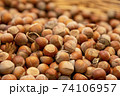 Forest nut background. Full and half of hazelnuts on white background top view. Isolated 74106957
