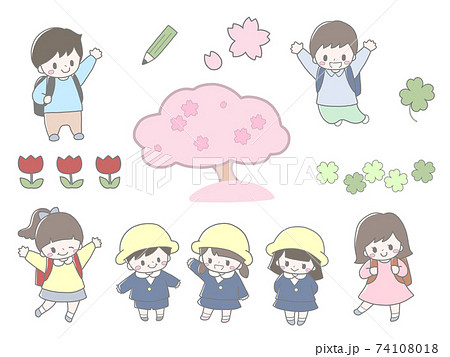 幼稚園生や小学生のかわいい子ども達の入園入学などの桜の春の手描き風イラストセットのイラスト素材