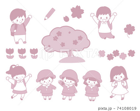 幼稚園生や小学生のかわいい子ども達の入園入学など桜の春の手描き風ピンクイラストセットのイラスト素材