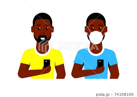 Young Man Character with Smartphone and Wearing Face Mask 74108100