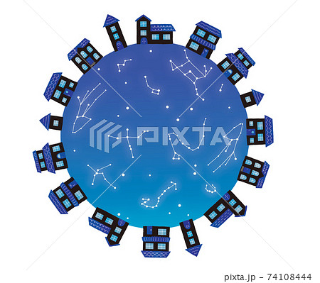 夏の夜空の星座と家のイラストのイラスト素材