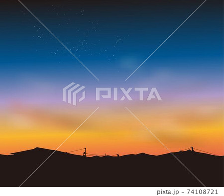 朝焼け 夕暮れの空と民家のシルエット背景のイラスト素材