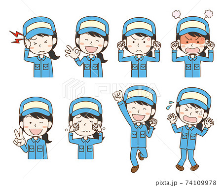 女性作業員の表情ポーズイラストセット 74109978