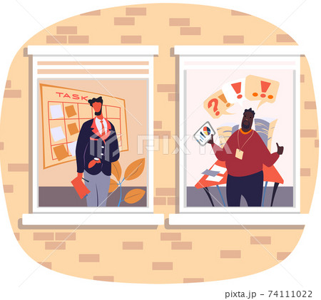 Cartoon businessmen colleagues standing in office room near presentation board and pile of documents 74111022