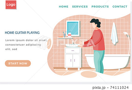 Home guitar playing landing page template with Man standing in bathroom dressed in casual clothes 74111024