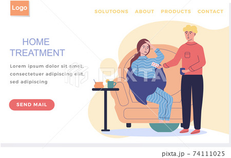 Landing page template. Home treatment concept. Guy gives girl pill to girl suffering from headache 74111025