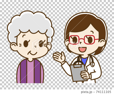 Elderly woman (smiles) interviewed by a female doctor Elderly woman (smiles) interviewed by a female doctor 74111105