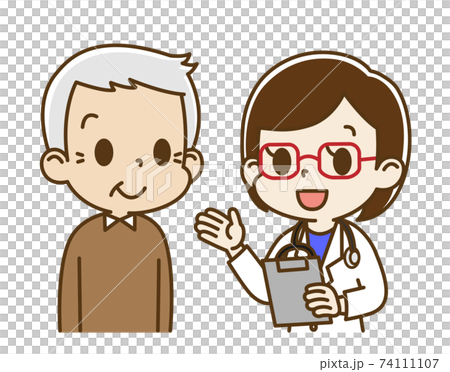 Elderly man (smiles) interviewed by a female doctor Elderly man (smiles) interviewed by a female doctor 74111107