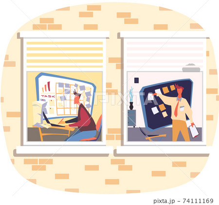 Business idea development. Man office worker near presentation board with notes view through window Business idea development. Man office worker near presentation board with notes view through window 74111169