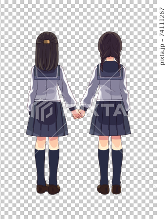 手を繋いだセーラー服の少女2人 74111267