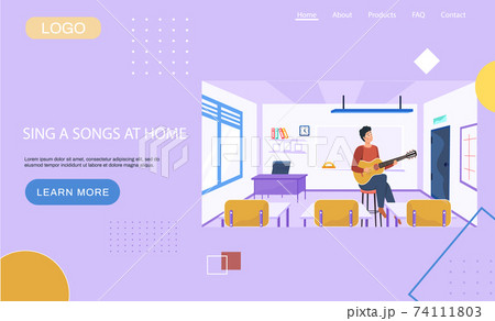 Website sing songs at home. Guitarist teaches music class. Guy sitting at school and playing guitar Website sing songs at home. Guitarist teaches music class. Guy sitting at school and playing guitar 74111803