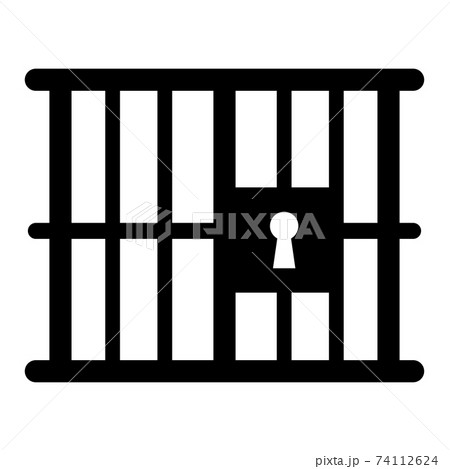 Prison or jail silhouette symbol. Metal cage with bars and lock. Crime justice or punishment icon. Vector black shape isolated on white background. 74112624