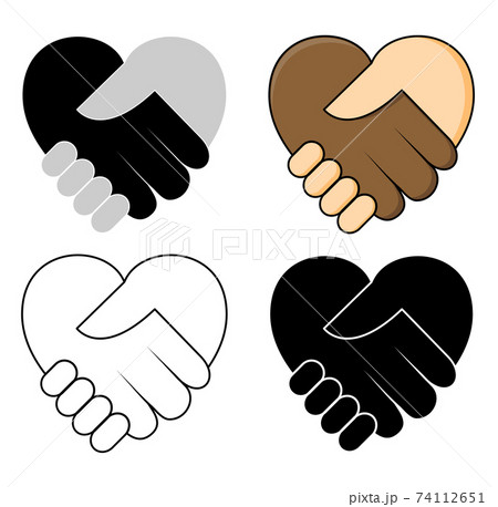 Shake hand in heart shape - No racism concept icon set. Two hands dark and fair skin in a handshake. Great for symbol of tolerance or teamwork between different ethnicity. Vector design. 74112651
