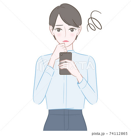 スマホを見て悩む女性のイラストのイラスト素材