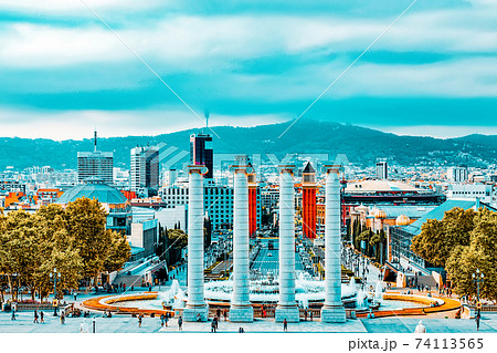 BARCELONA, SPAIN - SEPT 04: Famous   Placa De Espanya in Barcelona. September 04, 2014 in Barcelona Spain. The most beautiful square  in the Catalan capital . 74113565