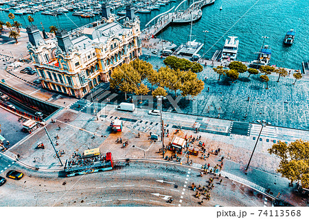 BARCELONA, SPAIN - SEPTEMBER 03: View of the embankment of Barcelona   in September 03, 2014 in Barcelona, Catallonia, Spain. The most popular place to walk for tourists. 74113568