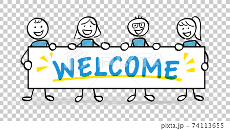 Welcomeボードをで歓迎する人物たちのイラスト素材
