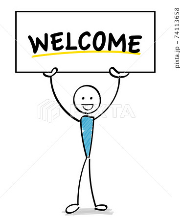 Welcomeボードをで歓迎する人物のイラスト素材