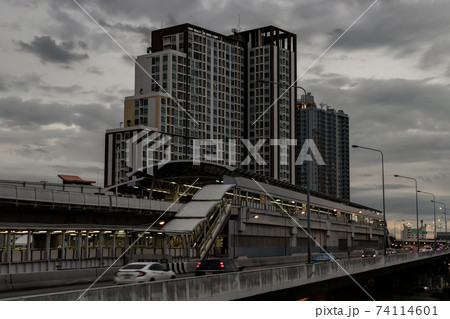 BTS Skytrain on Talat Phlu station, BTS Skytrain is a mass transit system in Bangkok to help facilitate and speed the journey. 74114601