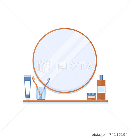 a shelf in the bathroom with accessories. Cream, toothpaste, lotion, cleanser, toothbrushes in a glass on the shelf. Vector illustration on a white background in flat style isolated a shelf in the bathroom with accessories. Cream, toothpaste, lotion, cleanser, toothbrushes in a glass on the shelf. Vector illustration on a white background in flat style isolated 74116194