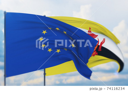 Waving European Union flag and flag of Brunei. Closeup view, 3D illustration. Waving European Union flag and flag of Brunei. Closeup view, 3D illustration. 74116234