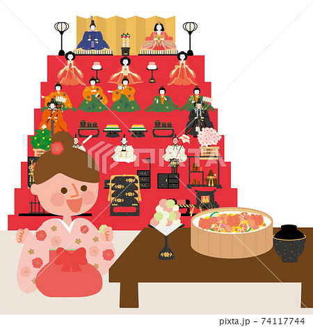 七段飾りの雛人形と女の子　ちらし寿司とひなあられ 74117744