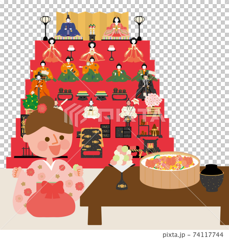 七段飾りの雛人形と女の子　ちらし寿司とひなあられ 74117744