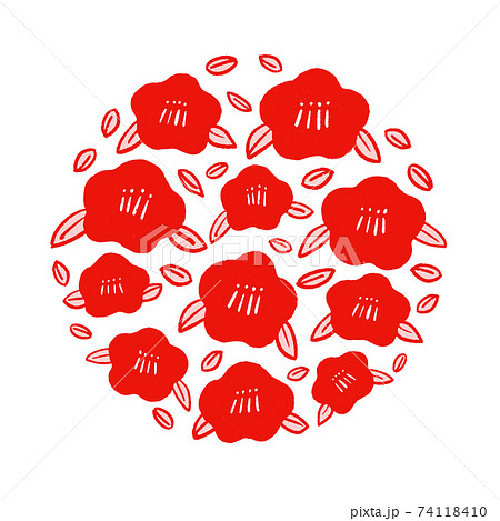 赤い椿の花と葉っぱのかわいい手書きイラスト 丸 白バックのイラスト素材