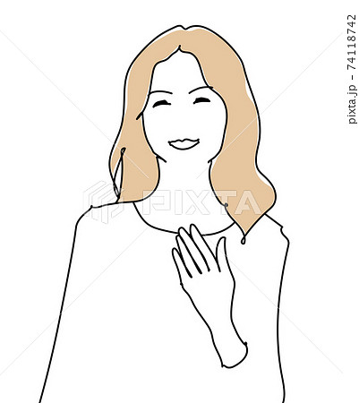 胸に手を当てて微笑む女性 上半身 線画のイラスト素材