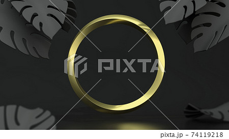 Golden circle frame on black background with monstera leaves. 3D Illustration. Front view. Abstract floral geometry mockup, black key lighting. Golden circle frame on black background with monstera leaves. 3D Illustration. Front view. Abstract floral geometry mockup, black key lighting. 74119218