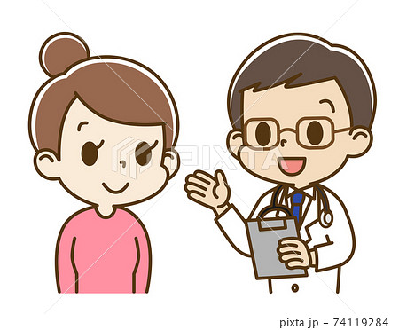 男性医師から問診を受ける若い女性(笑顔) 男性医師から問診を受ける若い女性(笑顔) 74119284