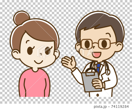 Young woman (smiles) interviewed by a male doctor Young woman (smiles) interviewed by a male doctor 74119284