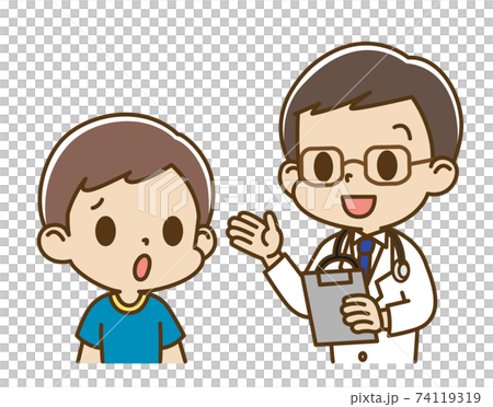 男性医師から問診を受ける男の子(不安顔) 男性医師から問診を受ける男の子(不安顔) 74119319