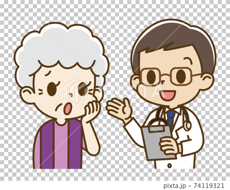 男性医師から問診を受ける高齢女性(不安顔) 男性医師から問診を受ける高齢女性(不安顔) 74119321