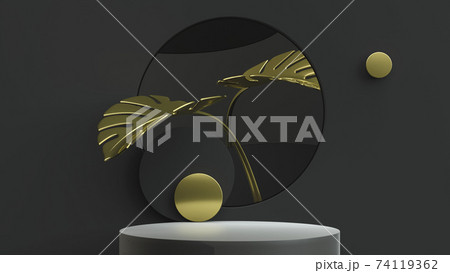 Gold monstera leaves and product stand minimal scene. 3D Illustration. Front view. Abstract geometry black key lighting. 74119362