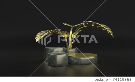 Gold monstera leaves and product stand minimal scene. 3D Illustration. Front view. Marble cylinders isolated on background. Gold monstera leaves and product stand minimal scene. 3D Illustration. Front view. Marble cylinders isolated on background. 74119363