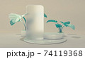 Frosted glass frame of a phone template application on podium. 3D Illustration. Front view. Marble cylinder scene with monstera leaves isolated on background. 74119368