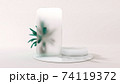Frosted glass frame of a phone template application on podium. 3D Illustration. Front view. Marble cylinder scene with leaves isolated on background. 74119372