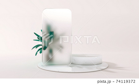 Frosted glass frame of a phone template application on podium. 3D Illustration. Front view. Marble cylinder scene with leaves isolated on background. Frosted glass frame of a phone template application on podium. 3D Illustration. Front view. Marble cylinder scene with leaves isolated on background. 74119372