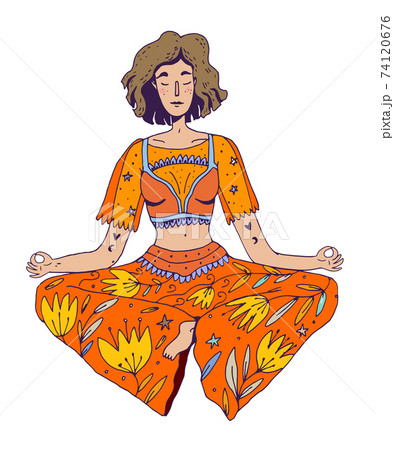 Woman sitting in pose lotus and meditate 74120676