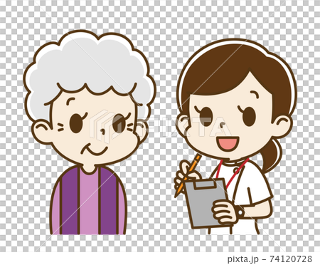 Elderly woman (smiles) interviewed by a female nurse Elderly woman (smiles) interviewed by a female nurse 74120728