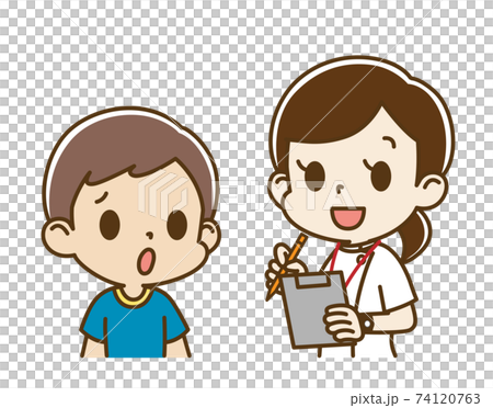 Boy (anxious face) interviewed by a female nurse Boy (anxious face) interviewed by a female nurse 74120763