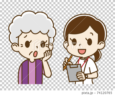 Elderly woman (anxious face) interviewed by a female nurse 74120765