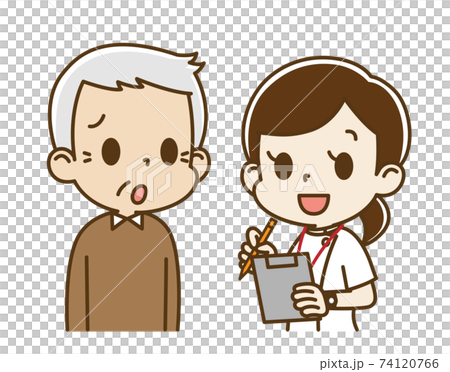 Elderly man (anxious face) interviewed by a female nurse Elderly man (anxious face) interviewed by a female nurse 74120766