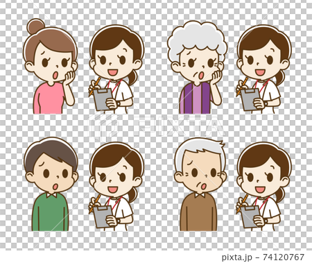 A set of people who are interviewed by a female nurse (anxious face) A set of people who are interviewed by a female nurse (anxious face) 74120767