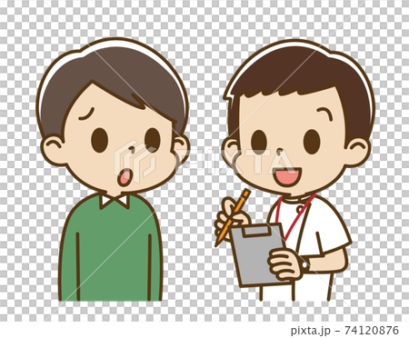 Young man receiving an interview from a male nurse (anxious face) 74120876