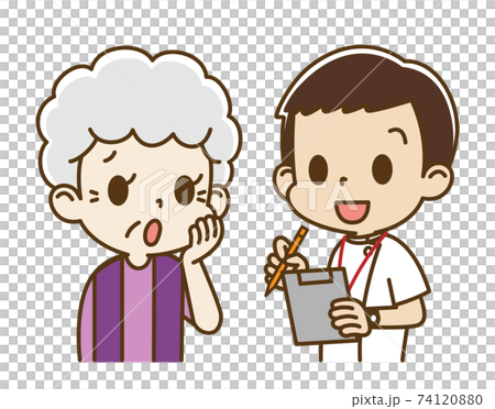 Elderly woman (anxious face) interviewed by a male nurse 74120880
