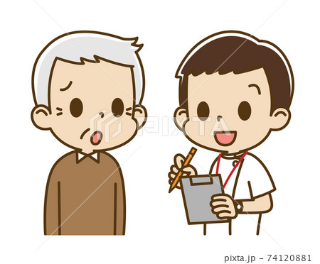 男性看護師から問診を受ける高齢男性（不安顔） 74120881